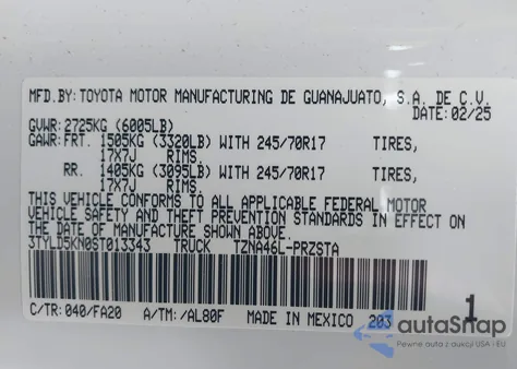 2025 Toyota Tacoma Sr z USA, uszkodzony, nr VIN 3TYLD5KN0ST013343